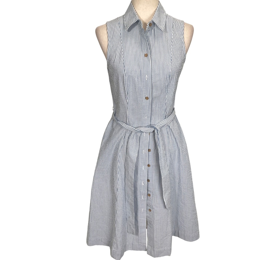 Anne Klein Shirtdress Womens‎ 2 Blue White Seersucker Stripe Summer Classic